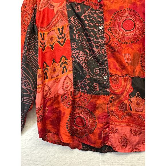 Chico's 100% Silk Long Sleeve Women Button Up Blouse Size XL (3) Patchwork Style - Picture 3 of 8